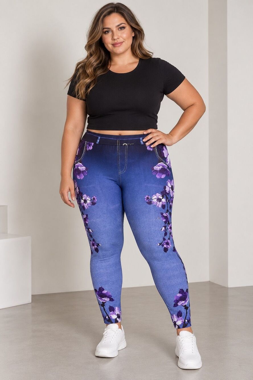 SHEIN Womens 4XL Floral Denim Look Leggings Blue Purple Stretch Pull On Pants